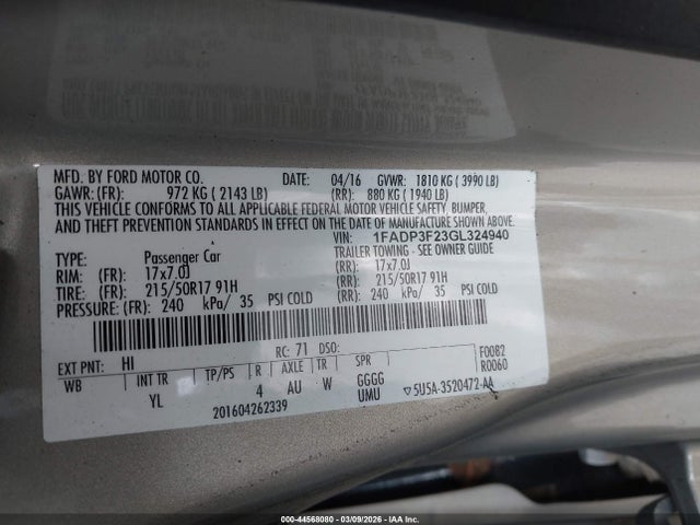 Ford FOCUS SE 2016 1FADP3F23GL324940 Image 9
