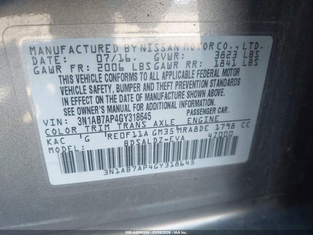 3N1AB7AP4GY318645 Nissan SENTRA SV