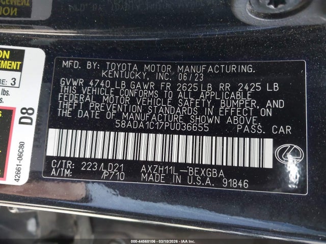 Aukcja sprzedaży 2023 Lexus Es 300h, vin: 58ADA1C17PU036655, numer aukcji: 44568106