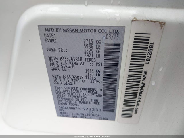 Продажа на аукционе авто 2015 Infiniti Qx60, vin: 5N1AL0MN7FC523231, номер лота: 44568112