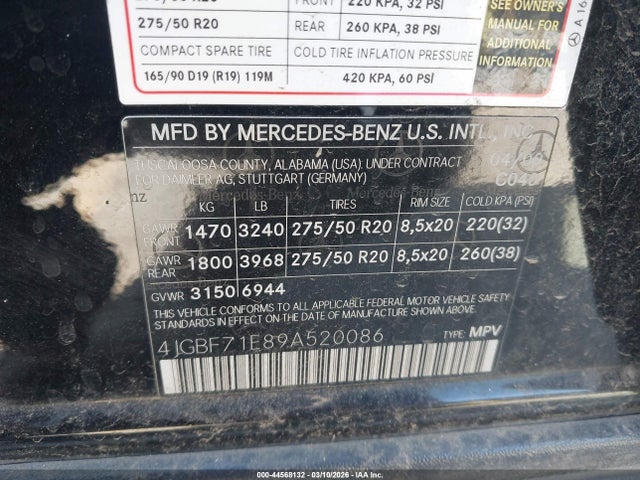 44568132 :رقم المزاد ، 4JGBF71E89A520086 vin ، 2009 Mercedes-benz Gl 450 4matic مزاد بيع