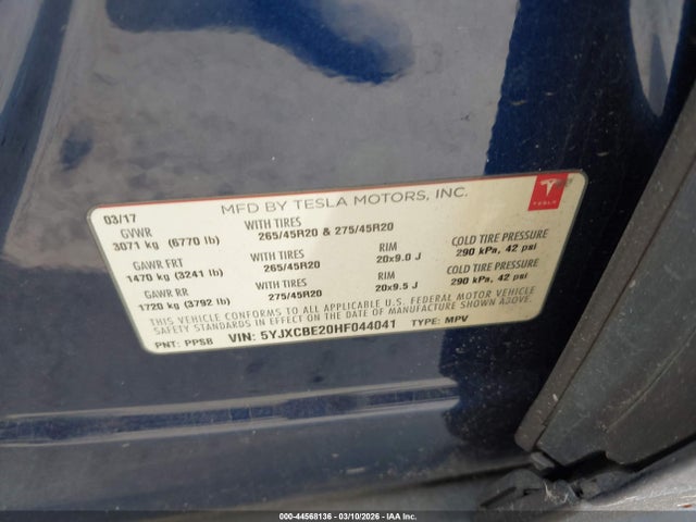 Продаж на аукціоні авто 2017 Tesla Model X 100d/75d/90d, vin: 5YJXCBE20HF044041, номер лоту: 44568136