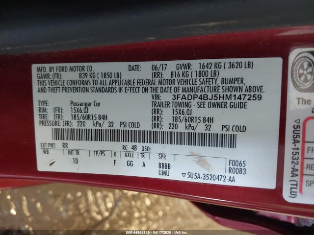 Продажа на аукционе авто 2017 Ford Fiesta Se, vin: 3FADP4BJ5HM147259, номер лота: 44568189