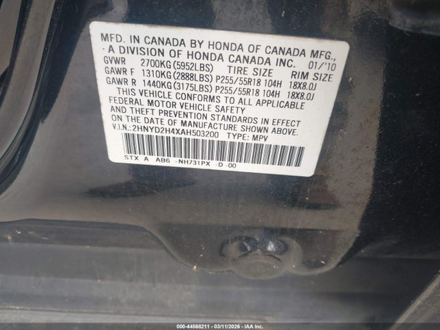 Продаж на аукціоні авто 2010 Acura Mdx Technology Package, vin: 2HNYD2H4XAH503200, номер лоту: 44568211
