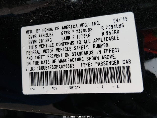 44568219 :رقم المزاد ، 19UUB1F5XFA020863 vin ، 2015 Acura Tlx Tech مزاد بيع