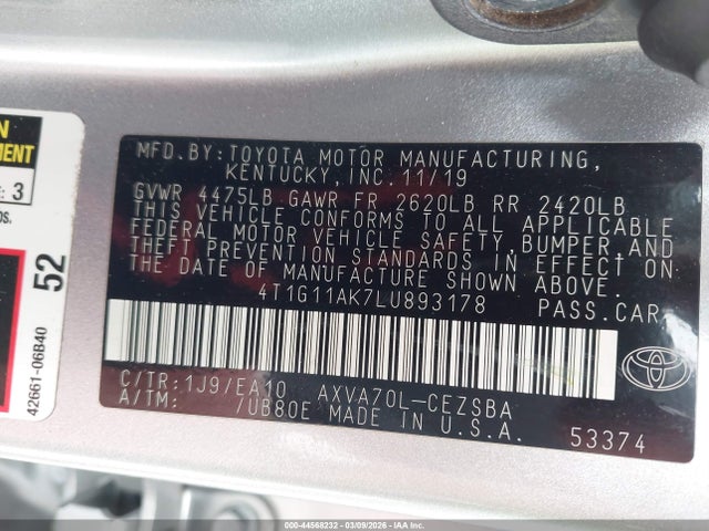 2020 TOYOTA CAMRY 4T1G11AK7LU893178 Photo 8