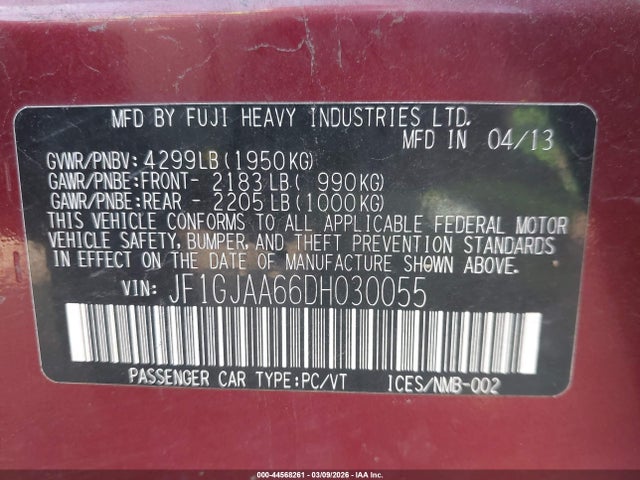 44568261 :رقم المزاد ، JF1GJAA66DH030055 vin ، 2013 Subaru Impreza 2.0i مزاد بيع