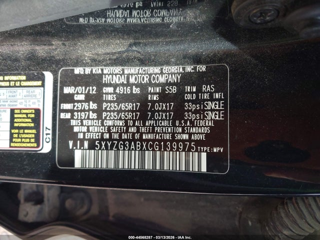 Aukcja sprzedaży 2012 Hyundai Santa Fe Gls, vin: 5XYZG3ABXCG139975, numer aukcji: 44568287
