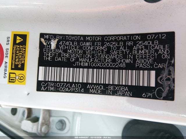 44568297 :رقم المزاد ، JTHBW1GGXD2002248 vin ، 2013 Lexus Es 300h مزاد بيع