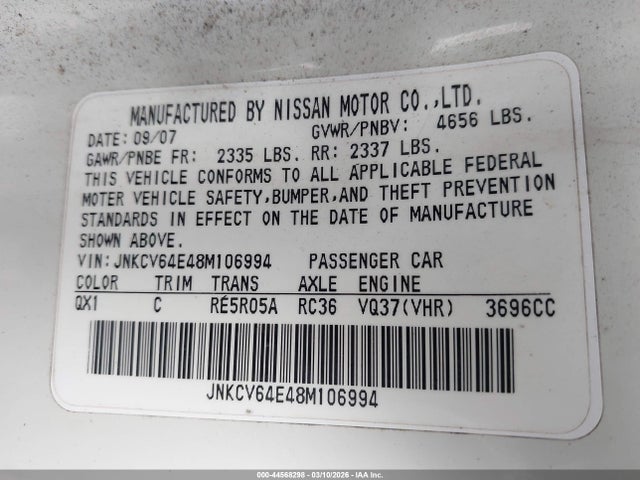 44568298 :رقم المزاد ، JNKCV64E48M106994 vin ، 2008 Infiniti G37 Journey مزاد بيع