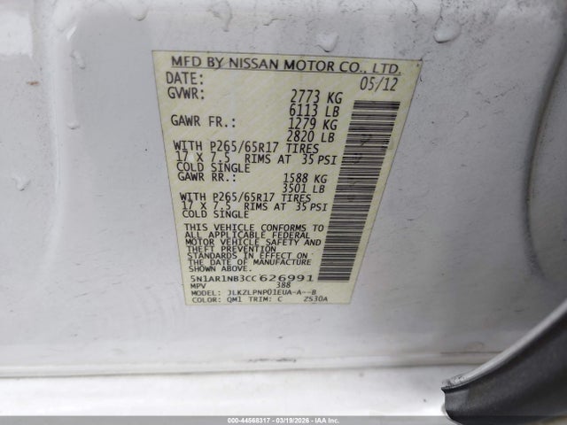 Aukcja sprzedaży 2012 Nissan Pathfinder Silver, vin: 5N1AR1NB3CC626991, numer aukcji: 44568317