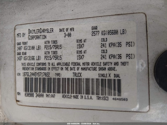 44568396 :رقم المزاد ، 1B7GL2AN5YS717022 vin ، 2000 Dodge Dakota Slt/sport مزاد بيع