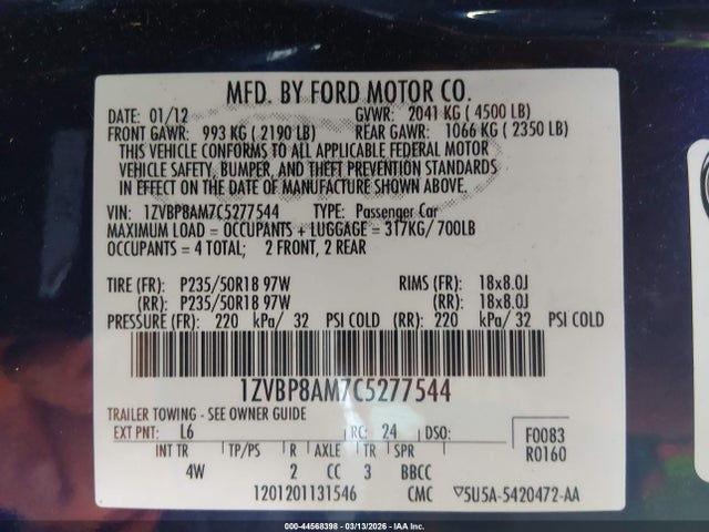 2012 FORD MUSTANG 1ZVBP8AM7C5277544 Photo 8