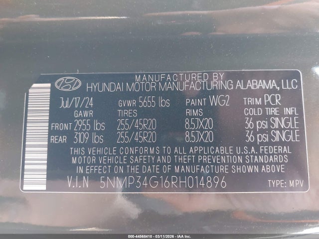 44568410 :رقم المزاد ، 5NMP34G16RH014896 vin ، 2024 Hyundai Santa Fe Hybrid Limited مزاد بيع
