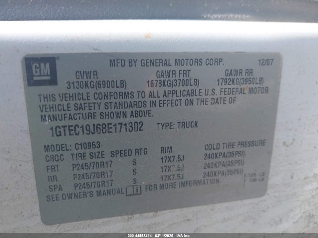 Продаж на аукціоні авто 2008 Gmc Sierra 1500 Work Truck, vin: 1GTEC19J68E171302, номер лоту: 44568414