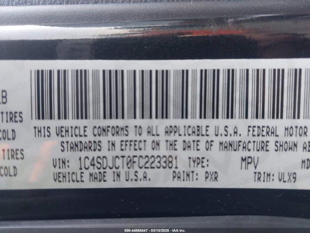 44568447 :رقم المزاد ، 1C4SDJCT0FC223381 vin ، 2015 Dodge Durango R/t مزاد بيع