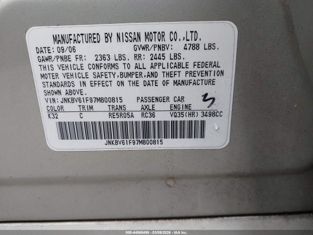 Продаж на аукціоні авто 2007 Infiniti G35x, vin: JNKBV61F97M800815, номер лоту: 44568498