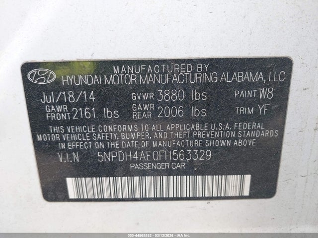 44568552 :رقم المزاد ، 5NPDH4AE0FH563329 vin ، 2015 Hyundai Elantra Se مزاد بيع