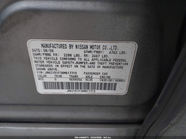 44568573 :رقم المزاد ، JNKCV51F36M617715 vin ، 2006 Infiniti G35x مزاد بيع