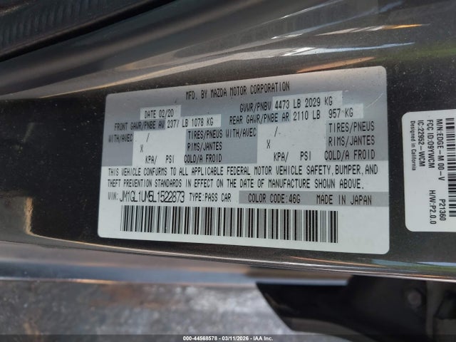 Продаж на аукціоні авто 2020 Mazda Mazda6 Sport, vin: JM1GL1UM5L1522873, номер лоту: 44568578