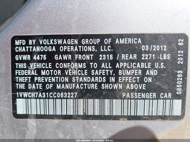 Продаж на аукціоні авто 2012 Volkswagen Passat 2.5l Sel, vin: 1VWCH7A31CC063227, номер лоту: 44568646