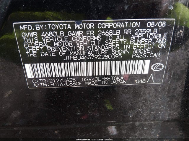 44568649 :رقم المزاد ، JTHBJ46G792280095 vin ، 2009 Lexus Es 350 مزاد بيع