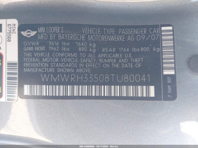 2008 MINI COOPER S WMWRH33508TU80041 Photo 8