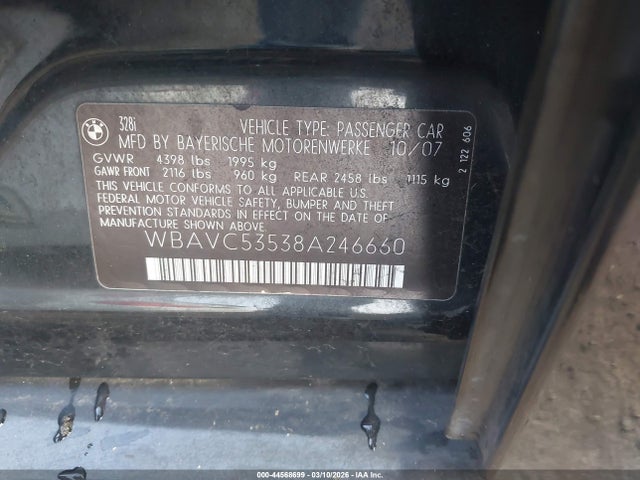 Aukcja sprzedaży 2008 Bmw 328i, vin: WBAVC53538A246660, numer aukcji: 44568699