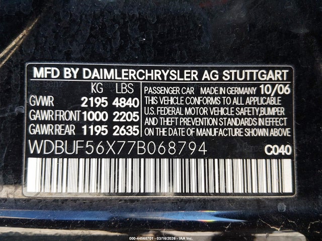 44568701 :رقم المزاد ، WDBUF56X77B068794 vin ، 2007 Mercedes-benz E 350 مزاد بيع