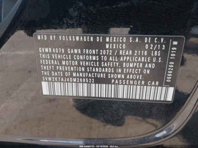 2013 Volkswagen Jetta 2.0l S მანქანა იყიდება აუქციონზე, vin: 3VW2K7AJ4DM268522, აუქციონის ნომერი: 44568733