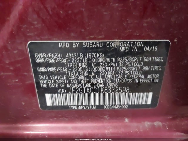 2019 Subaru Crosstrek 2.0i Premium მანქანა იყიდება აუქციონზე, vin: JF2GTACC1K8332598, აუქციონის ნომერი: 44568746