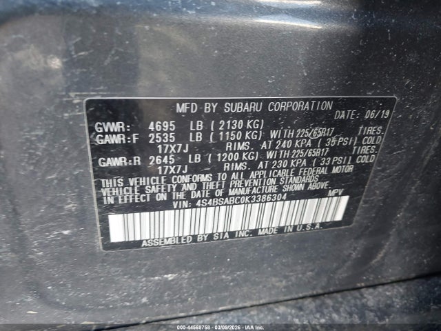 44568758 :رقم المزاد ، 4S4BSABC0K3386304 vin ، 2019 Subaru Outback 2.5i مزاد بيع