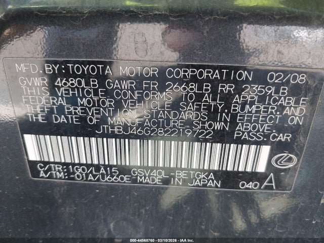 Aukcja sprzedaży 2008 Lexus Es 350, vin: JTHBJ46G282219722, numer aukcji: 44568760