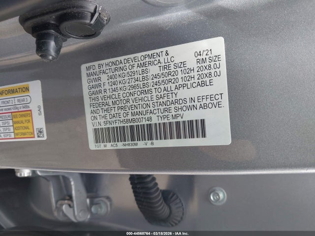 Honda Passport 2wd Ex-l 2021 5FNYF7H58MB007148 Image 9