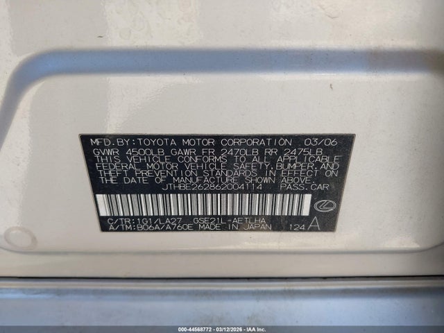 Продажа на аукционе авто 2006 Lexus Is 350, vin: JTHBE262862004114, номер лота: 44568772