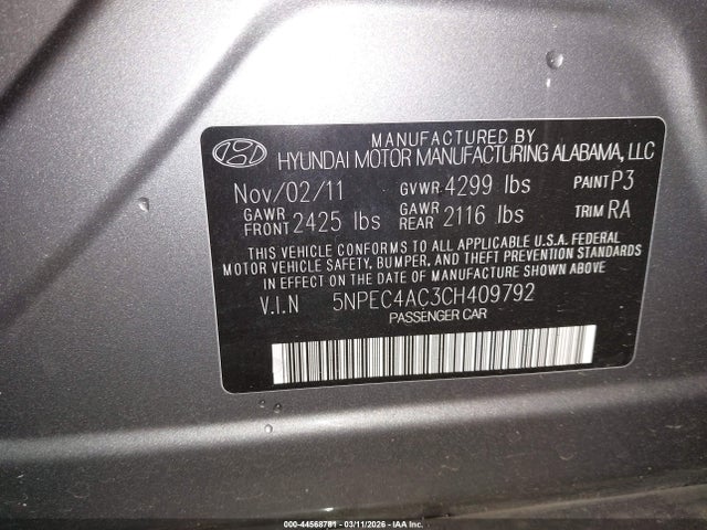 2012 Hyundai Sonata Limited მანქანა იყიდება აუქციონზე, vin: 5NPEC4AC3CH409792, აუქციონის ნომერი: 44568781