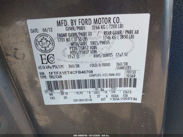 2012 FORD F-150 1FTFX1ET4CFB46708 Photo 8