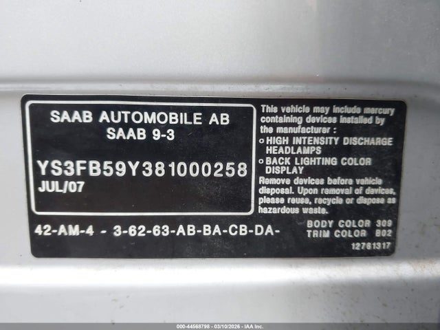 2008 SAAB 9-3 YS3FB59Y381000258 Photo 8