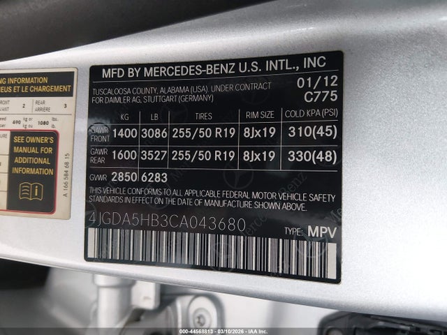 44568813 :رقم المزاد ، 4JGDA5HB3CA043680 vin ، 2012 Mercedes-benz Ml 350 4matic مزاد بيع