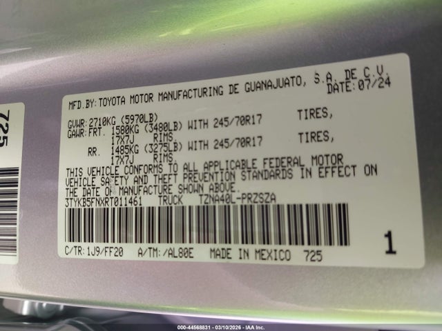 44568831 :رقم المزاد ، 3TYKB5FNXRT011461 vin ، 2024 Toyota Tacoma Sr5 مزاد بيع