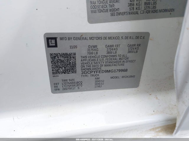 44568833 :رقم المزاد ، 3GCPYFED9MG179968 vin ، 2021 Chevrolet Silverado 1500 4wd  Short Bed Lt Trail Boss مزاد بيع