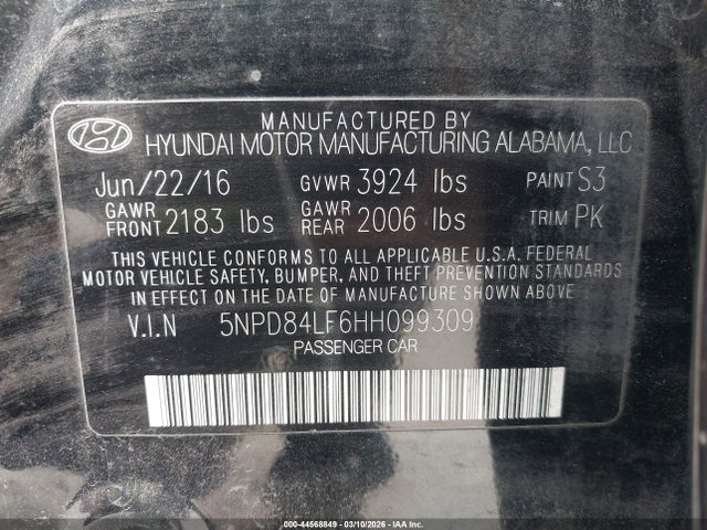 5NPD84LF6HH099309 Hyundai ELANTRA SE