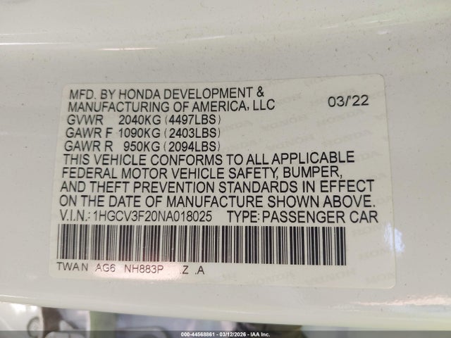 1HGCV3F20NA018025 Honda Accord Hybrid Sport