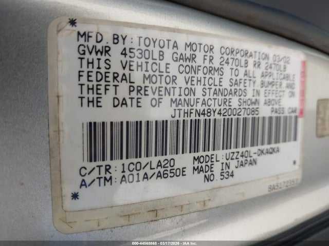 Продажа на аукционе авто 2002 Lexus Sc 430, vin: JTHFN48Y420027085, номер лота: 44568868