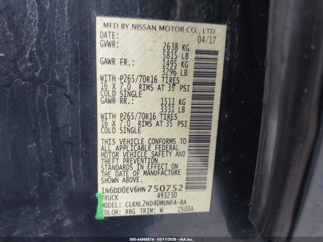 44568874 :رقم المزاد ، 1N6DD0EV6HN750752 vin ، 2017 Nissan Frontier Sv مزاد بيع