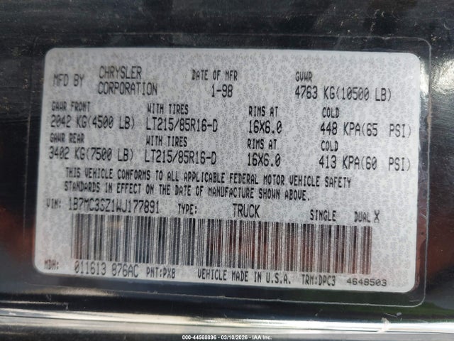 Продаж на аукціоні авто 1998 Dodge Ram 3500 St, vin: 1B7MC33Z1WJ177891, номер лоту: 44568896