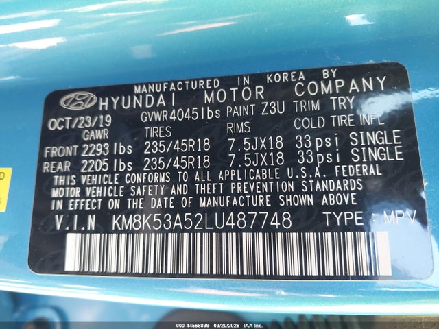 Продажа на аукционе авто 2020 Hyundai Kona Ultimate, vin: KM8K53A52LU487748, номер лота: 44568899