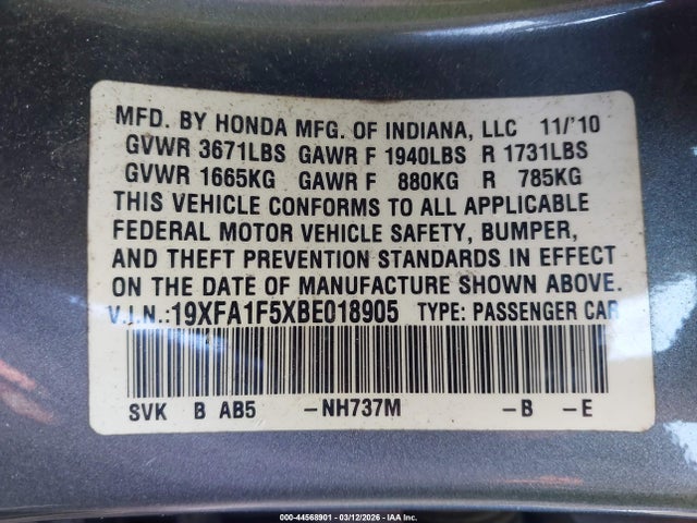 2011 Honda Civic Lx მანქანა იყიდება აუქციონზე, vin: 19XFA1F5XBE018905, აუქციონის ნომერი: 44568901