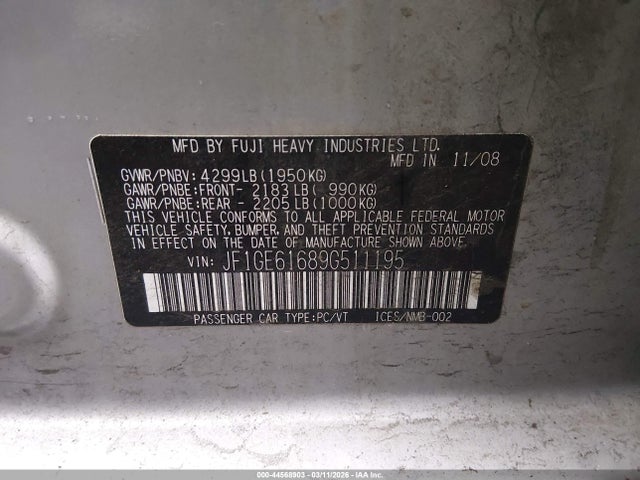 2009 Subaru Impreza 2.5i მანქანა იყიდება აუქციონზე, vin: JF1GE61689G511195, აუქციონის ნომერი: 44568903