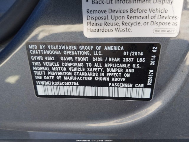 44568985 :رقم المزاد ، 1VWBN7A3XEC063704 vin ، 2014 Volkswagen Passat 2.0l Tdi Se مزاد بيع